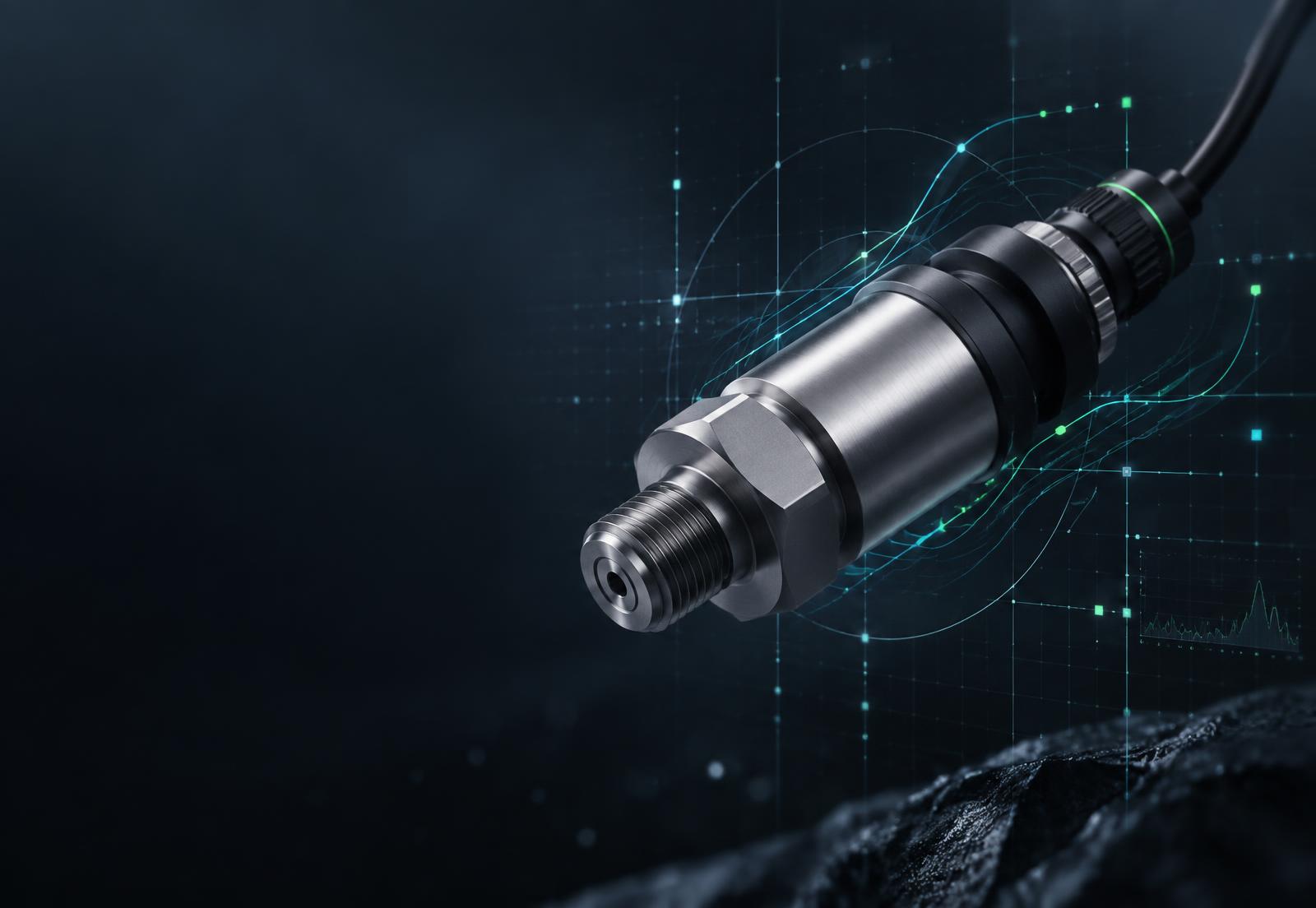 Visualizzazione concettuale di un sensore industriale con segnali digitali